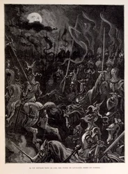 Illustration von Rittern im Kampf während eines mondbeschienenen Abends