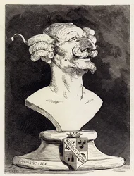 Imaginäre Büste, die den Baron von Münchhausen darstellt, signiert "Canova 1766". Illustration von Gustave Doré für die erste Version der Abenteuer des deutschen Obersten "Die Abenteuer des Baron von Münchhausen" von Rudolph Er