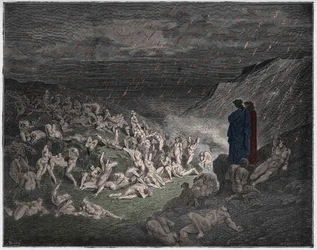 Inferno, Gesang 14: Die Gewalttätigen, gequält im Regen aus Feuer, Illustration aus 