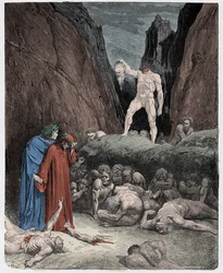 Inferno, Canto 28: Der abgetrennte Kopf von Bertran de Born spricht zu Dante, Illustration aus 