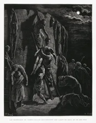 Jabesch-Gileaditen bergen die Leichen von Saul und seinen Söhnen, Illustration aus der Dore-Bibel