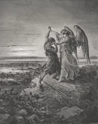 Jakobs Kampf mit dem Engel, Genesis 32:24-32, Illustration aus Dorés „Die Heilige Bibel“, gestochen von Laplante, 1866