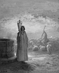 Jakob, der Labans Herden hütet, sieht Rahel am Brunnen. Genesis 29. Aus der illustrierten Bibel von Gustave Doré 1866. Holzstich