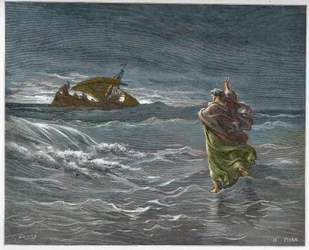 Jesus geht auf dem Wasser des Sees Tiberias - Gravur in Die illustrierte Bibel von Gustave Doré - Gravur aus Die Doré-Bibel
