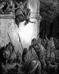 Isebel, phönizische Prinzessin und Gemahlin König Ahabs von Israel, wird auf Befehl Jehus aus dem Fenster geworfen, und ihr Leichnam wird von Hunden gefressen. 2 Könige 9,33. Aus der von Gustave Doré illustrierten Bibel von 1866