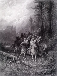 König Artus im Broceliande-Wald (Zyklus der Ritter der Tafelrunde) - in "Viviane" von Alfred Tennyson, Illustration von G. Doré