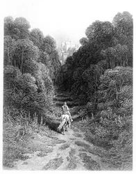 Lancelot nähert sich der Burg von Astolat, Illustration aus „Idylls of the King“ von Alfred Tennyson