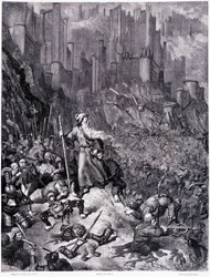 Les batailles, Platte IX - Illustration von Gustave Doré (1832-1883), für La légende du Juif errant von Pierre Dupont, Ausgabe Librairie du magasin pittoresque, Paris 1862