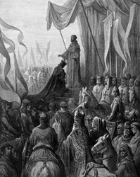 Ludwig VII. (1120 - 1180) kniet vor St. Bernhard von Clairvaux (San Bernardo di Chiaravalle) in Vézelay. Gravur von Gustave Doré. 19. Jahrhundert