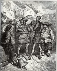 Maese Pedro und der wahrsagende Affe - aus „Don Quijote de la Mancha“ von Miguel Cervantes (1547-1616) (Don Quijote) - Holzschnitt nach einer Zeichnung von Gustave Doré