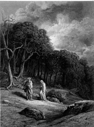 Merlin und Viviane im Wald von Brocéliande - in „Viviane“ von Alfred Tennyson, Illustration von G. Doré