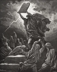 Moses zerbricht die Gesetzestafeln, Exodus 32:19, Illustration aus Dorés „Die Heilige Bibel“, gestochen von Hotelin, 1866