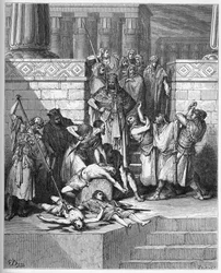 Nebukadnezar befiehlt, die Söhne des rebellischen Zedekia zu töten - Gravur in Die illustrierte Bibel von Gustave Doré - Gravur aus Die Doré-Bibel