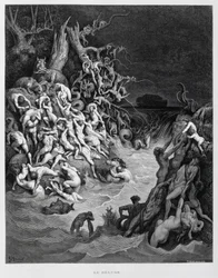 Noah und seine Arche entkommen, als die große Flut die Erde überflutet, Illustration aus der Dore-Bibel