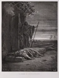 Empörung in Gibea, der Levit trägt seine tote Konkubine weg, Illustration aus der Dore-Bibel