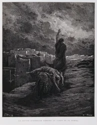 Empörung in Gibea, der Levit trägt seine tote Konkubine weg, Illustration aus der Dore-Bibel