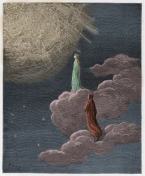 Paradies, 14. Gesang: Dante und Beatrice werden in die Marssphäre versetzt, Illustration aus „Die Göttliche Komödie“ von Dante Alighieri, 1885