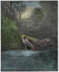 Purgatorio, 31. Gesang: Dante, in den Fluss Lethe getaucht, Illustration aus „Die Göttliche Komödie“ von Dante Alighieri, 1885