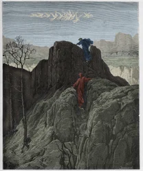 Purgatorio, 4. Gesang: Vergil führt Dante den schroffen Berghang hinauf, Illustration aus „Die Göttliche Komödie“ von Dante Alighieri, 1885