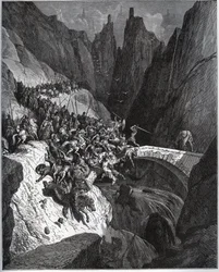 Erzählung der Taten des Ritters Diego Garcia de Paredes - aus „Don Quijote de la Mancha“ von Miguel Cervantes (1547-1616) - Holzschnitt nach einer Zeichnung von Gustave Doré