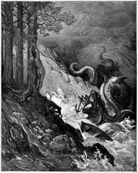 Ruggiero kämpft gegen das Meeresmonster (Drachen), das Olimpia bedroht, die nackt an einen Baum gebunden ist, blockiert seine Kiefer mit einem Anker und rettet Olimpia (Gesang 11, Strophe 37) - Stich von Gustave Doré (1832-1883), der „Der rasende Roland“ (