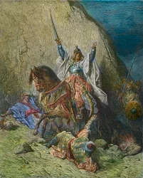 Saladin der Prächtige - König Saladin (1138-1193) (Salah al-Din Yusuf al-Ayyubi (al-Ayyubi), Befehlshaber der muslimischen Streitkräfte gegen die Kreuzzüge - farbiger Stich aus dem 19. Jahrhundert von Gustave Doré - aus der Geschichte der Kreuzzüge von