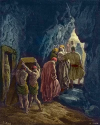 Sarah stirbt im Alter von 127 Jahren - Das Begräbnis von Abrahams Frau Sarah - gestochen von Gustave Doré - spätere Kolorierung