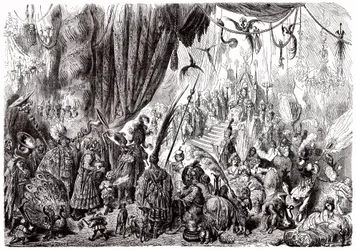 Sindbad der Seefahrer - Märchen aus Tausendundeiner Nacht - Illustration von Gustave Doré - Maxwell-Ausgabe 1865 - Sechste Reise: der Hof des Königs von Serendib
