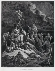 So machte Mose eine bronzene Schlange und setzte sie auf eine Stange. Numeri 21:7, Illustration aus der Dore-Bibel