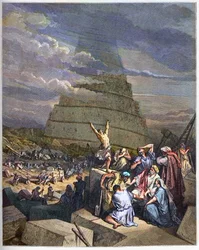 Turm von Babel - Die Turm von Babel Illustration von Genesis und Sprachverwirrung durch Yahve. Rechts diskutiert König Nimrud (oder Nimrod, Nemrod) mit den Architekten - Gravur in „The Bible illustree“ von Gustave Dore (1832-1883) - Gravur aus „The Dore Bi