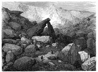 Der Chaospfad, der zum Cirque de Gavarnie führt: Gravur von Gustave Doré, die das Buch „Reise in die Pyrenäen von Hippolyte Taine“ illustriert, Hachette 1860.