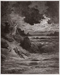 Die Göttliche Komödie, Purgatorio, Gesang 5: Der Körper von Buonconte da Montefeltro im Arno - von Dante Alighieri (1265-1321) - Illustration von Gustave Doré (1832-1883)
