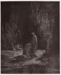 Die Göttliche Komödie, Purgatorio, Gesang 7: Der Dichter Sordello, erstaunt, kniet vor Virgil - von Dante Alighieri (1265-1321) - Illustration von Gustave Doré (1832-1883)