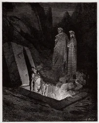 Die Göttliche Komödie (La Divina Commedia), Inferno, 10. Gesang: Farinata degli Uberti spricht Dante an - von Dante Alighieri (1265-1321) - Illustration von Gustave Doré (1832-1883)