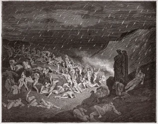 Die Göttliche Komödie (La Divina Commedia), Inferno, Gesang 14: Die Gewalttätigen, gequält im Feuerregen - von Dante Alighieri (1265-1321) - Illustration von Gustave Doré (1832-1883)