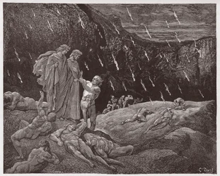 Die Göttliche Komödie (La Divina Commedia, La Divine Comédie), Inferno, 15. Gesang: Brunetto Latini spricht Dante an - von Dante Alighieri (1265-1321) - Illustration von Gustave Doré (1832-1883)