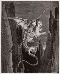 Die Göttliche Komödie (La Divina Commedia, La Divine Comedie), Inferno, Gesang 17: Der Abstieg in den Abgrund auf Geryons Rücken - von Dante Alighieri (1265-1321) - Illustration von Gustave Dore (1832-1883)