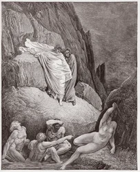 Die Göttliche Komödie (La Divina Commedia, La Divine Comédie), Inferno, 18. Gesang: Vergil zeigt Dante den Schatten der Thaïs - von Dante Alighieri (1265-1321) - Illustration von Gustave Doré (1832-1883)