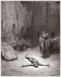 Die Göttliche Komödie, Inferno, Gesang 23: Ein gekreuzigter Pharisäer unter den Heuchlern (Illustration von Gustave Doré)