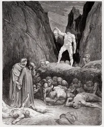 Die Göttliche Komödie (La Divina Commedia, La Divine Comédie), Inferno, 28. Gesang: Das abgeschlagene Haupt Bertrand de Borns spricht zu Dante - von Dante Alighieri (1265-1321) - Illustration von Gustave Doré (1832-1883)