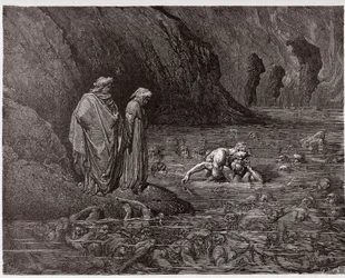 Die Göttliche Komödie (La Divina Commedia, La Divine Comédie), Inferno, 32. Gesang: Ugolino nagt am Kopf von Erzbischof Ruggieri - von Dante Alighieri (1265-1321) - Illustration von Gustave Doré (1832-1883)