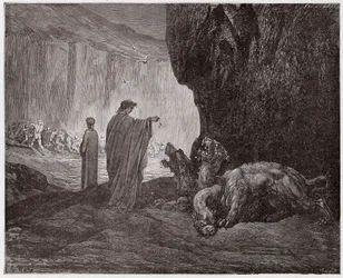 Die Göttliche Komödie (La Divina Commedia, La Divine Comédie), Inferno, 6. Gesang: Vergil füttert Kerberos im dritten Kreis - von Dante Alighieri (1265-1321) - Illustration von Gustave Doré (1832-1883)