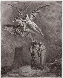 Die Göttliche Komödie (La Divina Commedia, La Divine Comédie), Inferno, 9. Gesang: Die scheußlichen Erinnyen: Megaira, Tisiphone, Alekto - von Dante Alighieri (1265-1321) - Illustration von Gustave Doré (1832-1883)