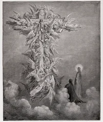 Die Göttliche Komödie (La Divina Commedia), Paradies, 14. Gesang: Dante und Beatrice sehen die Engel mit Christus am Kreuz - von Dante Alighieri (1265-1321) - Illustration von Gustave Doré (1832-1883)