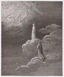 Die Göttliche Komödie (La Divina Commedia, La Divine Comédie), Paradies, 14. Gesang: Dante und Beatrice werden in die Sphäre des Mars versetzt - von Dante Alighieri (1265-1321) - Illustration von Gustave Doré (1832-1883)