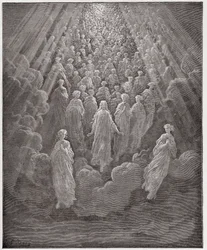 Die Göttliche Komödie, Paradiso, Gesang 5: Die Schar der unzähligen leuchtenden Seelen im zweiten Reich (Illustration von Gustave Doré)