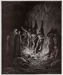 Die Göttliche Komödie (La Divina Commedia, La Divine Comédie), Purgatorium, 25. Gesang: Die Wollüstigen schreiten im siebten Kreis durch das Feuer - von Dante Alighieri (1265-1321) - Illustration von Gustave Doré (1832-1883)