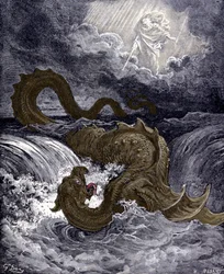 Der Leviathan, ein Seeungeheuer, das der in der Bibel erwähnten Seeschlange ähnelt. Illustrationen der Bibel von Gustave Doré. Kupferstich aus dem 19. Jahrhundert.