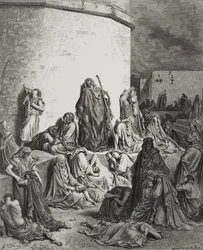 Das Volk trauert über die Ruinen Jerusalems, Klagelieder 1:1-2 Illustration aus Dores 