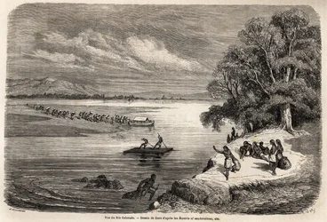 Die Überquerung des Colorado River auf einem Floß, begleitet von einigen Mohave-Indianern, Zeichnung von Gustave Doré (1832-1883), zur Illustration der Reise vom Mississippi zum Pazifischen Ozean in den Jahren 1853-54 von Baudouin Mollhausen (1825-1905). G